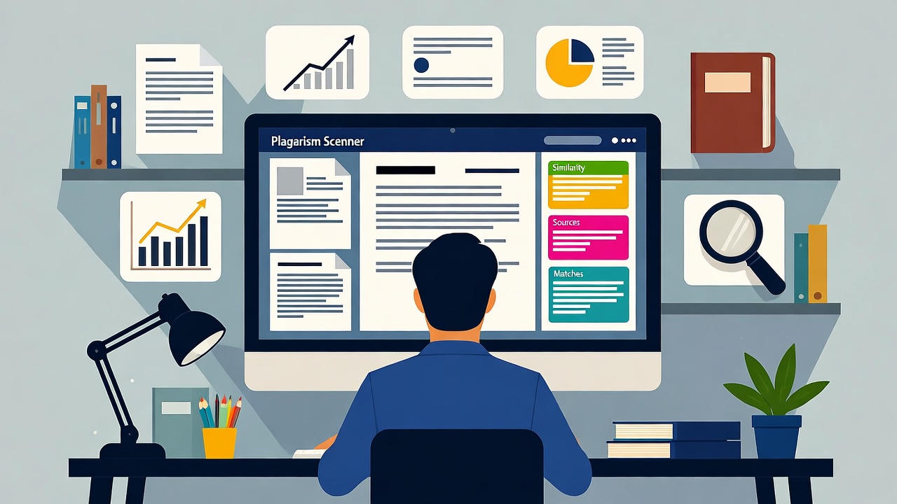 Person sitting at a desk using a plagiarism checker tool on a computer screen, surrounded by data charts, graphs, books, and stationery in a modern office workspace.
